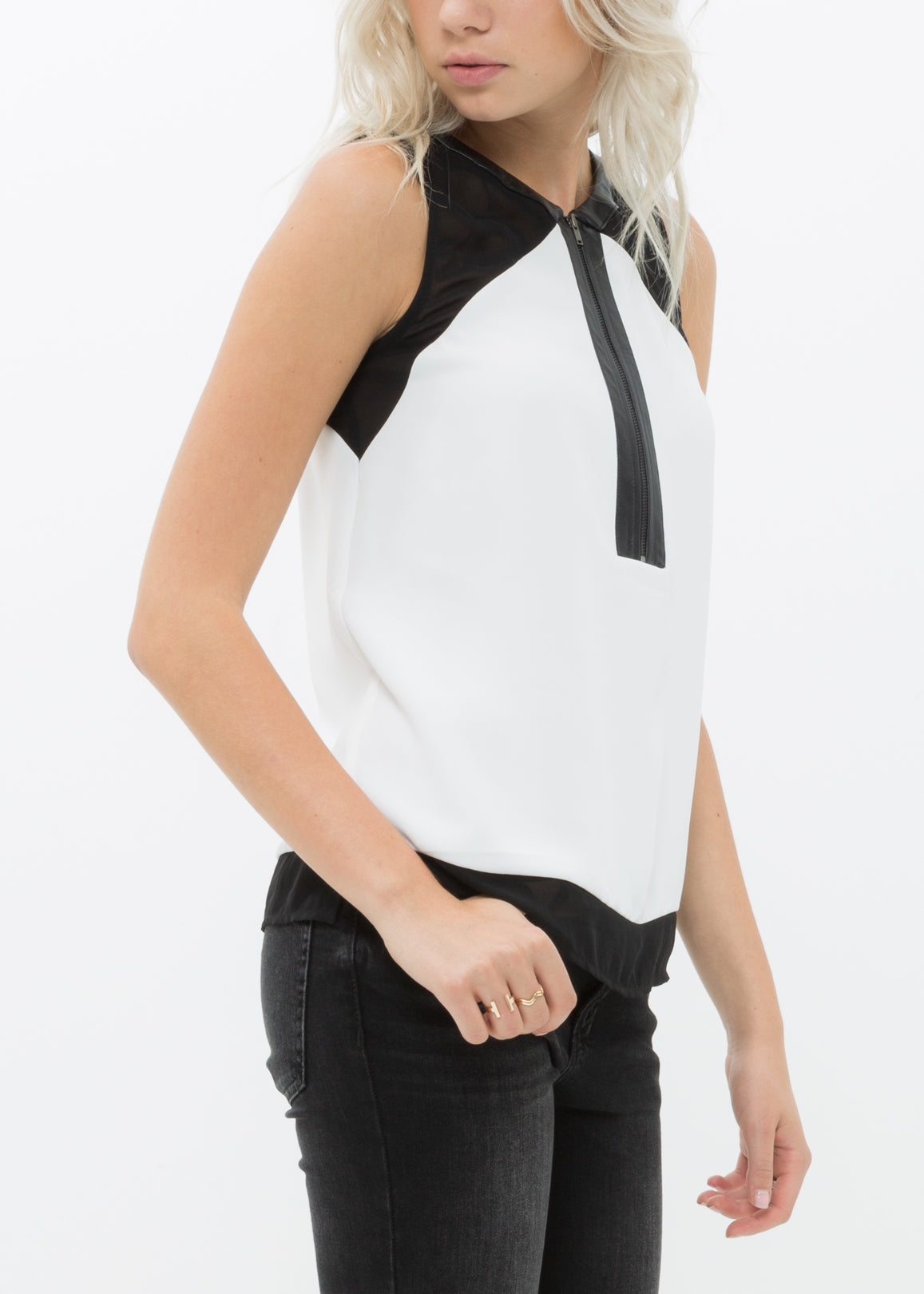 Women's Sleeveless Cut Block Zip Top