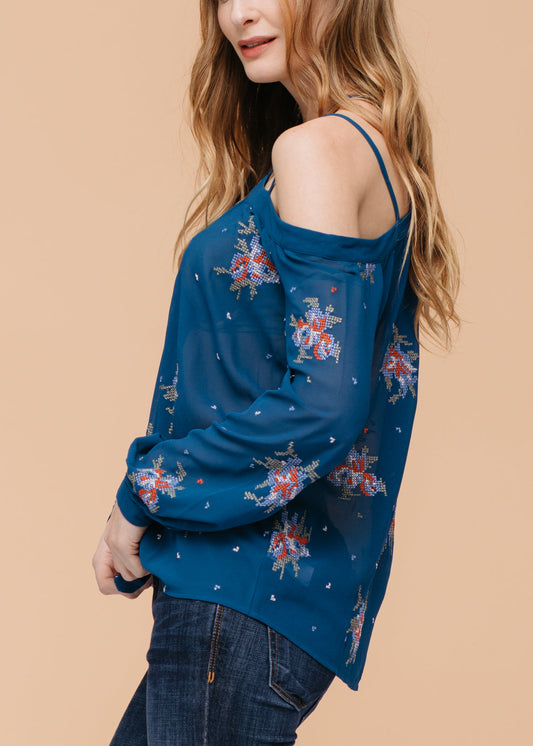 Off Shoulder Embroidery Print Blouse in Teal