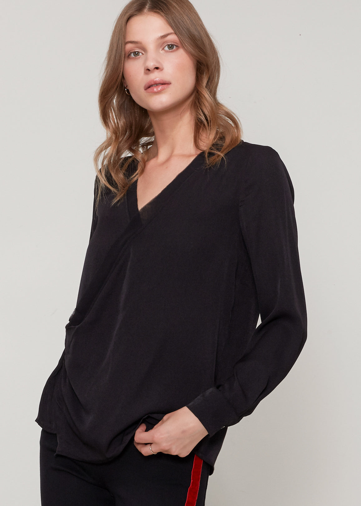 V-Neck Surplice Blouse In Black