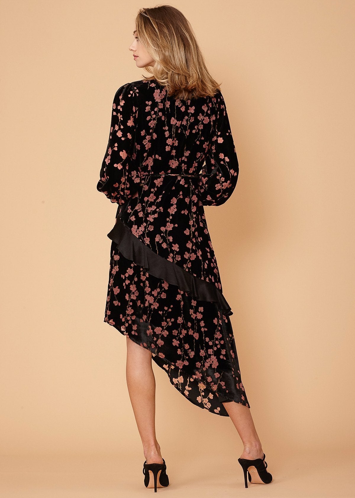 Women's Velvet Asymmetric Wrap Dress in Falling Floral