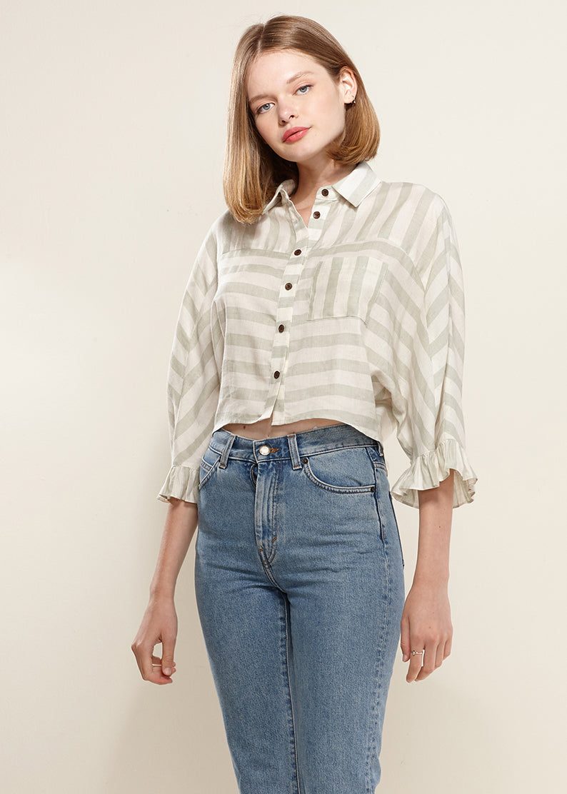 Women's Button Down Cropped Shirt In Sage