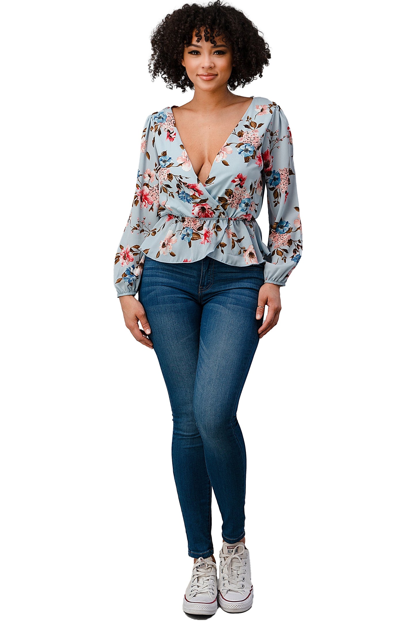 Printed Surplice Peplum Hem Blouse Top