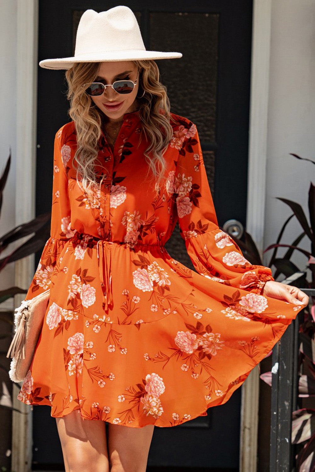 Floral Buttoned Puff Sleeve Tiered Dress