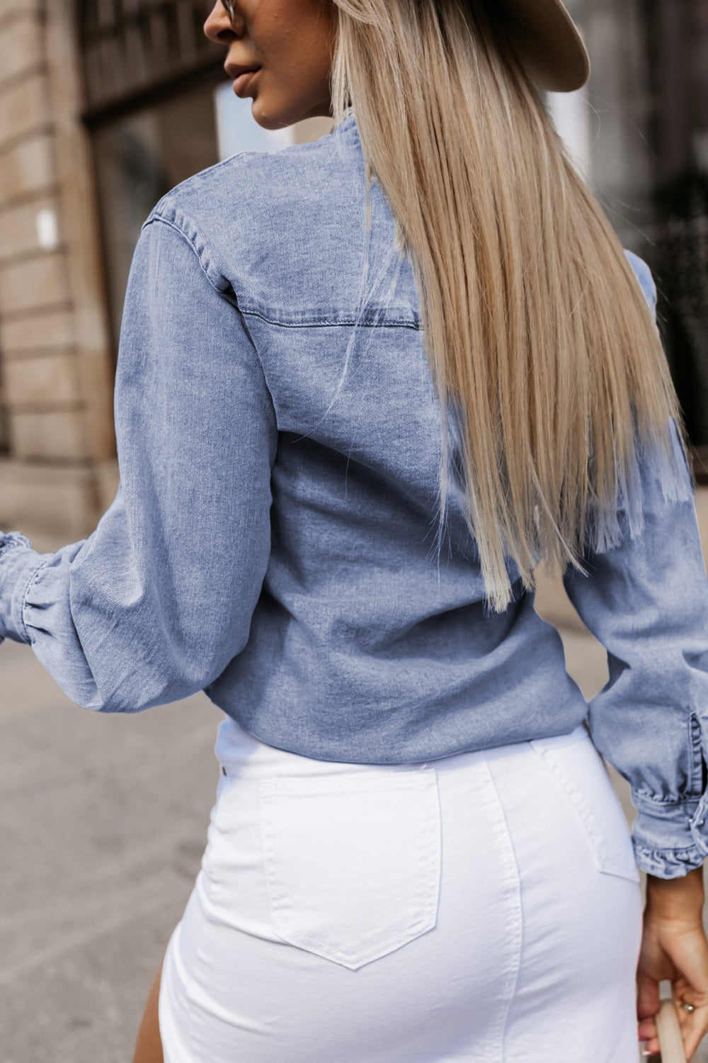 Beau Blue Ruffled Long Sleeve Denim Shirt with Button Closure