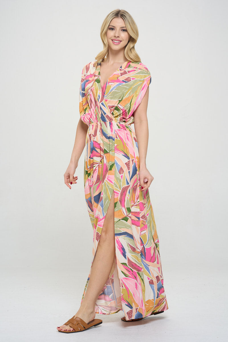 Tropical V neck Sleeveless Maxi Dress with Slit