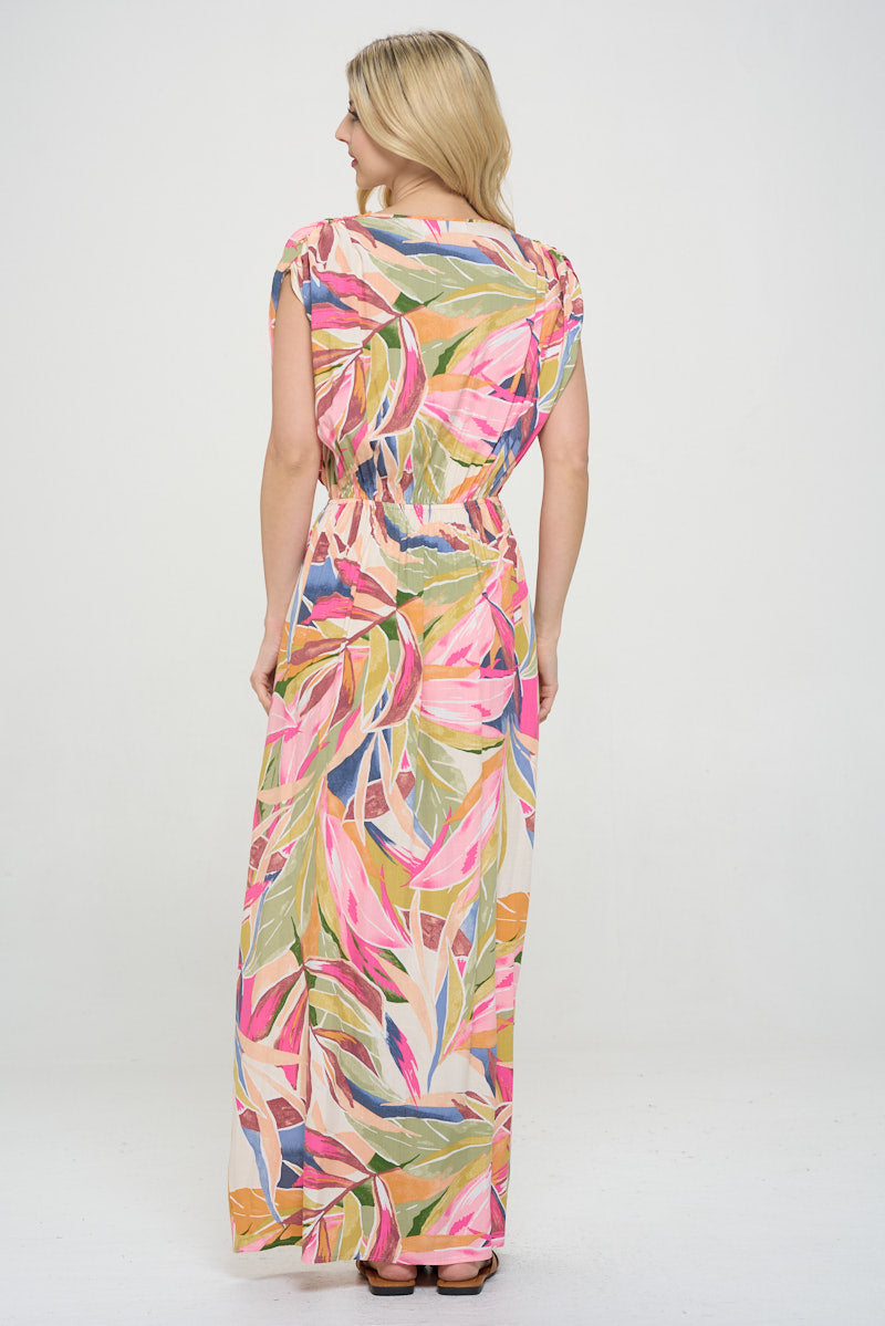 Tropical V neck Sleeveless Maxi Dress with Slit