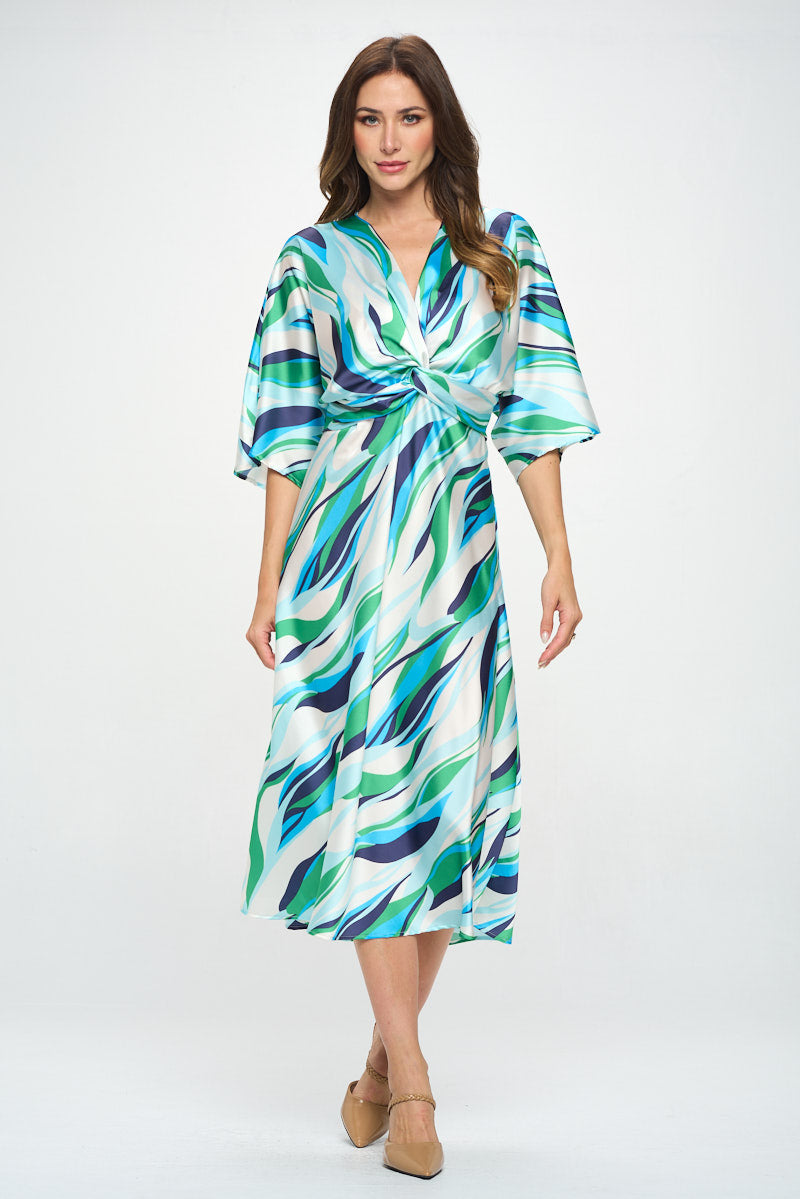 Satin Stretch Print Dress with Front Twist