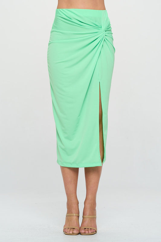 Solid Midi Skirt with Front Knot and Slit