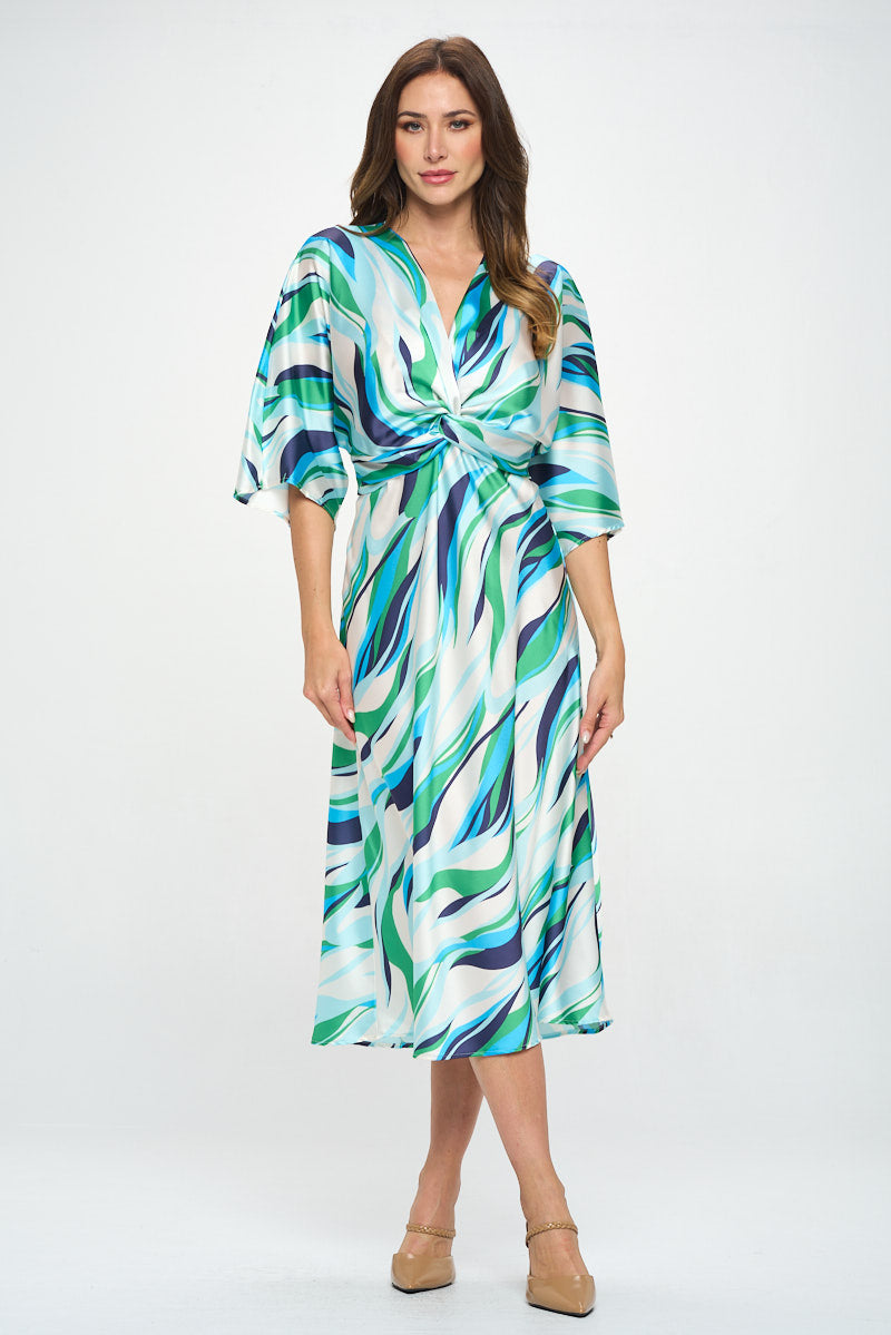 Satin Stretch Print Dress with Front Twist