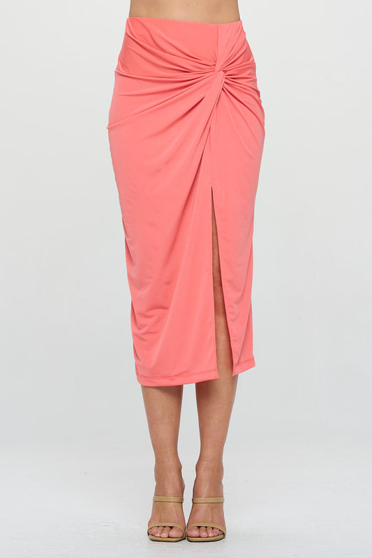 Solid Midi Skirt with Front Knot and Slit