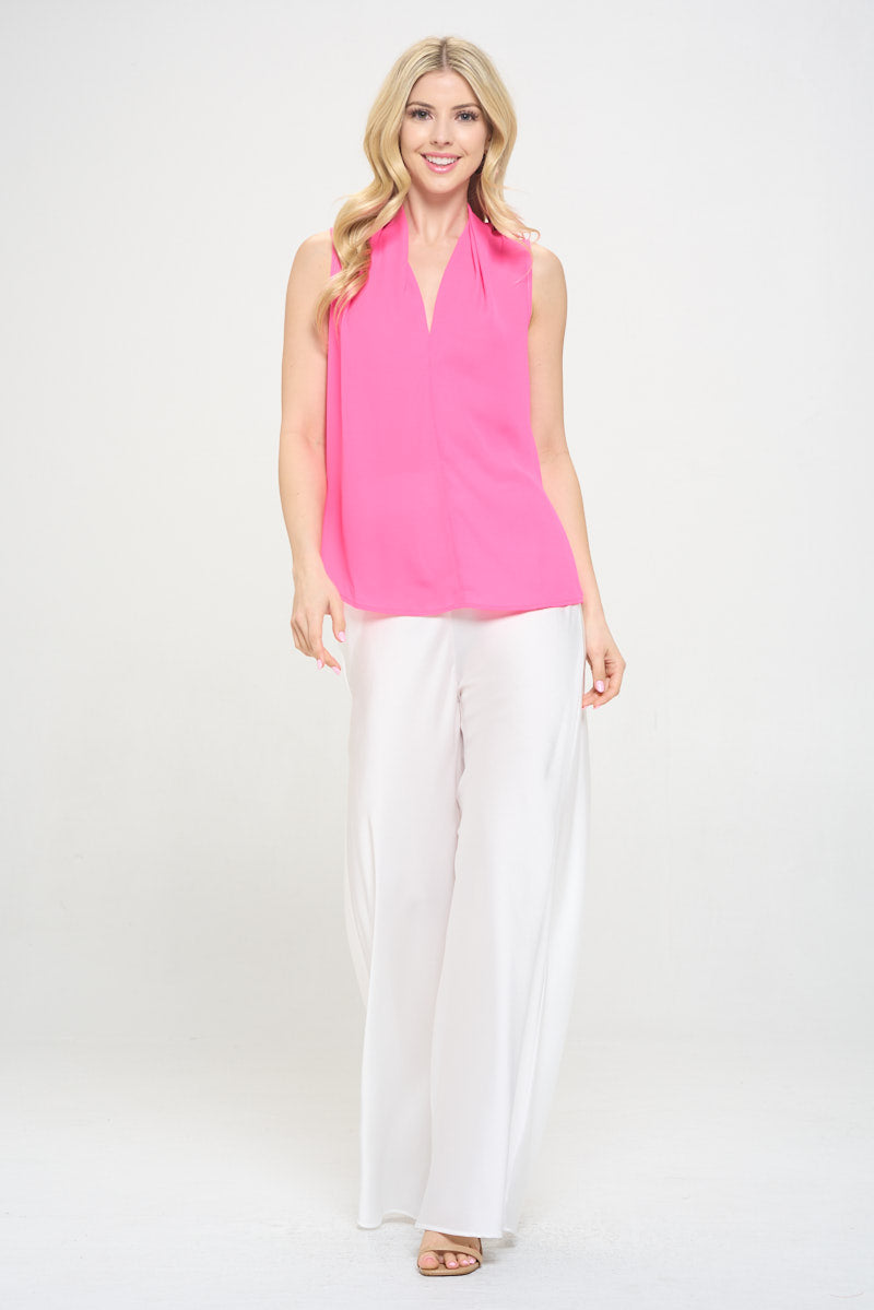 Solid V neck Top with Drape Neckline