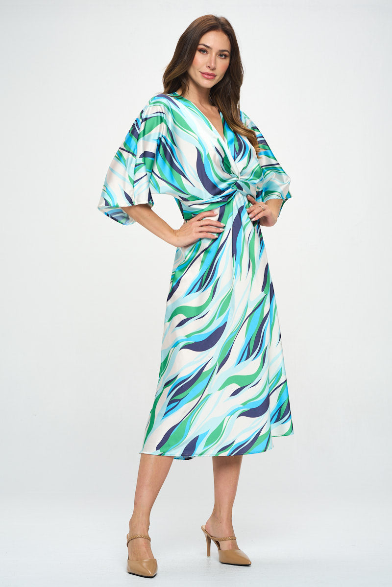 Satin Stretch Print Dress with Front Twist