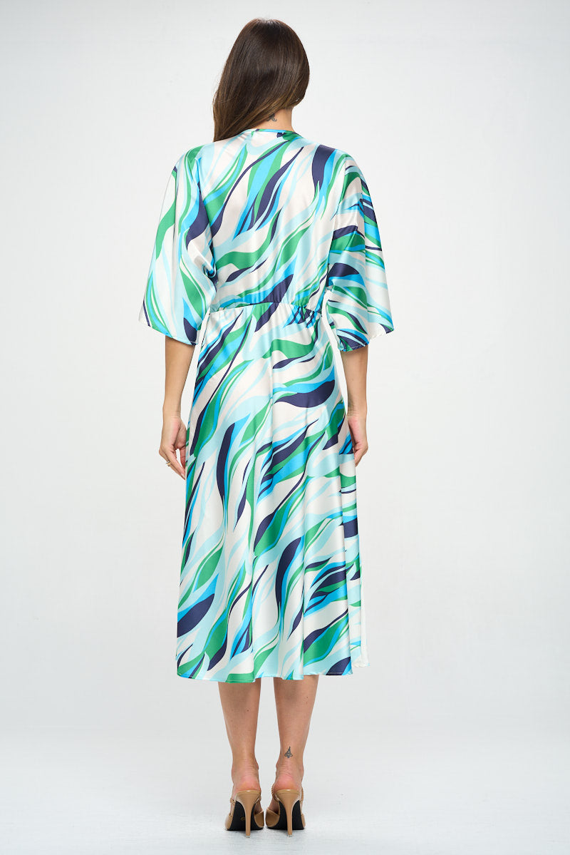 Satin Stretch Print Dress with Front Twist