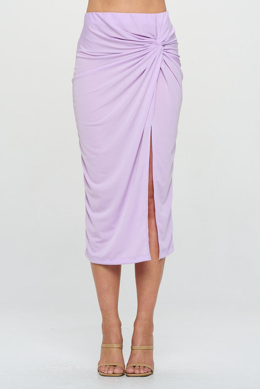 Solid Midi Skirt with Front Knot and Slit