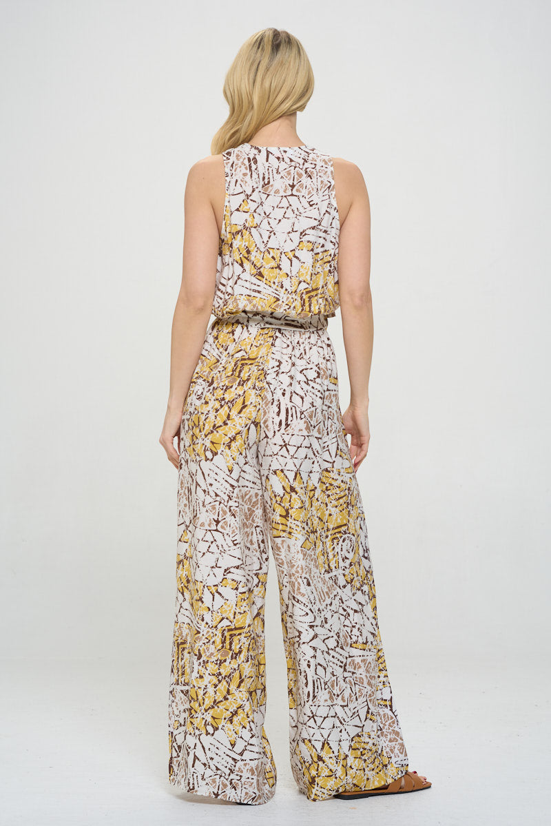 Print V neck Sleeveless Jumpsuit with Tie