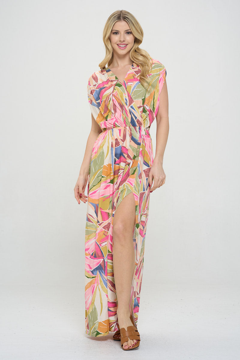 Tropical V neck Sleeveless Maxi Dress with Slit