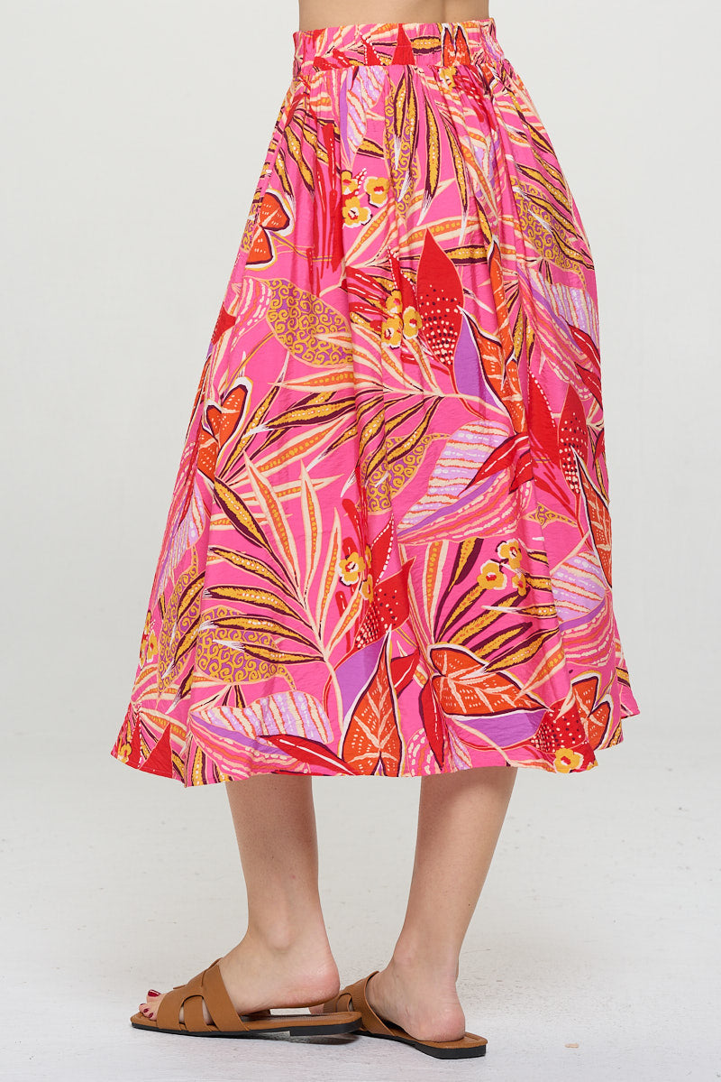 Tropical Leaf Print Midi Skirt with Pockets