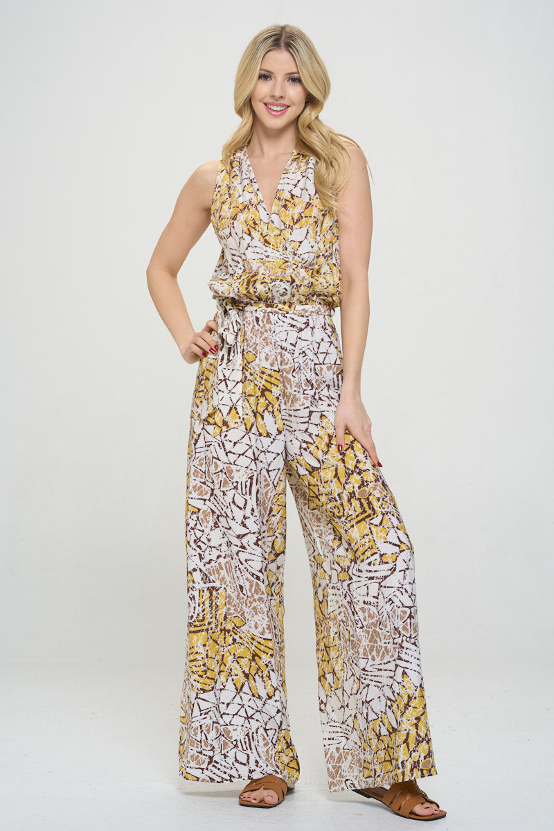 Print V neck Sleeveless Jumpsuit with Tie