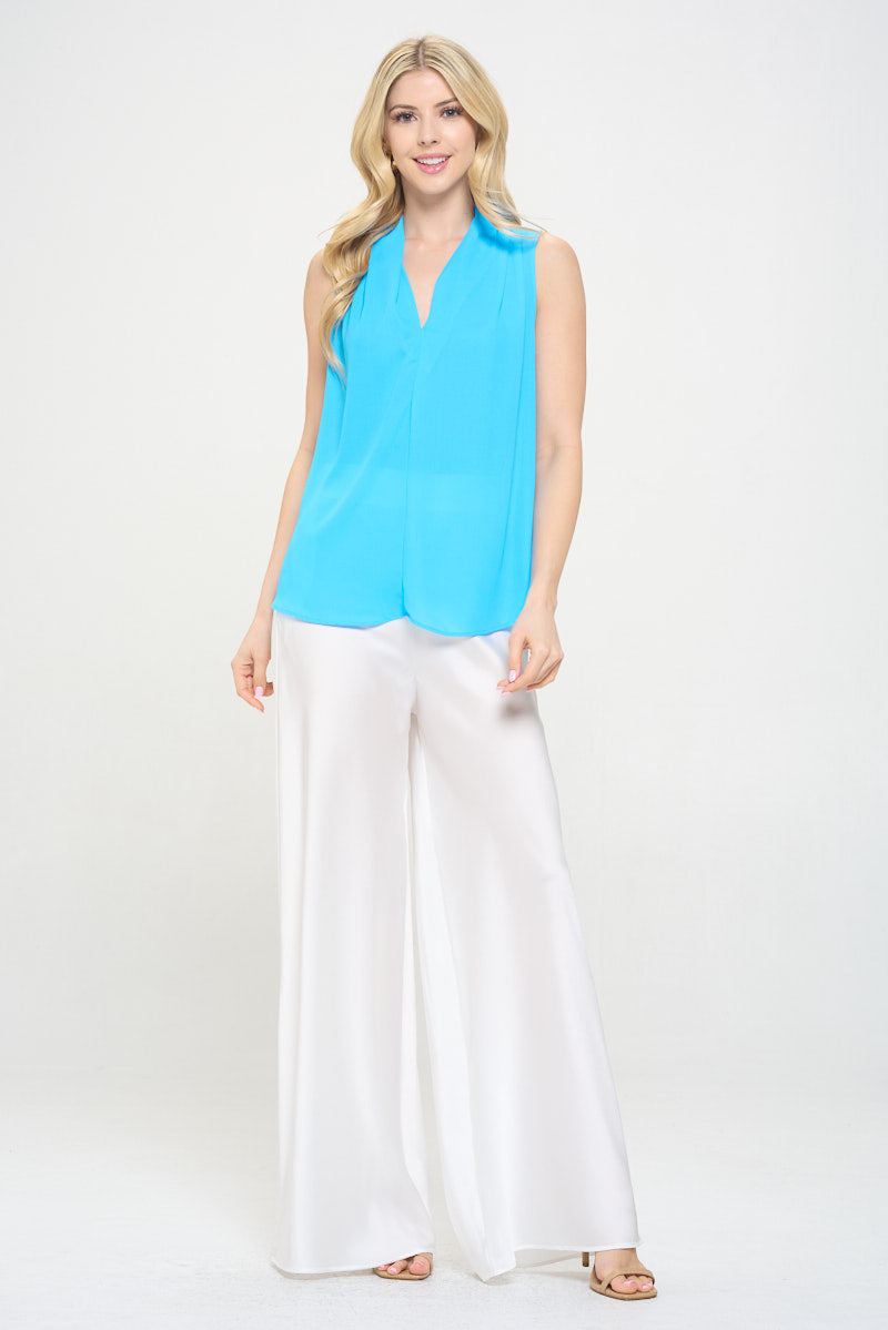 Solid V neck Top with Drape Neckline