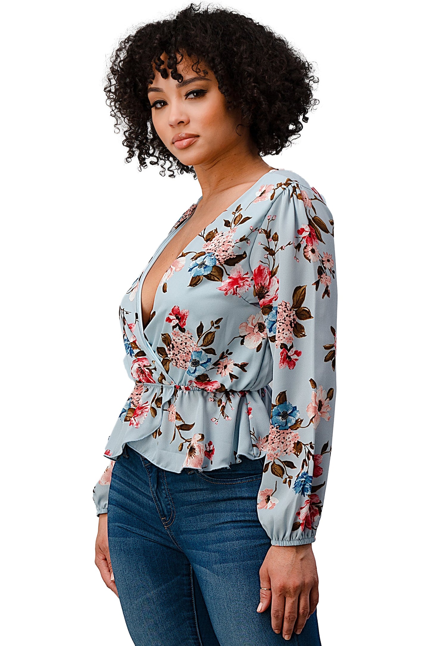 Printed Surplice Peplum Hem Blouse Top