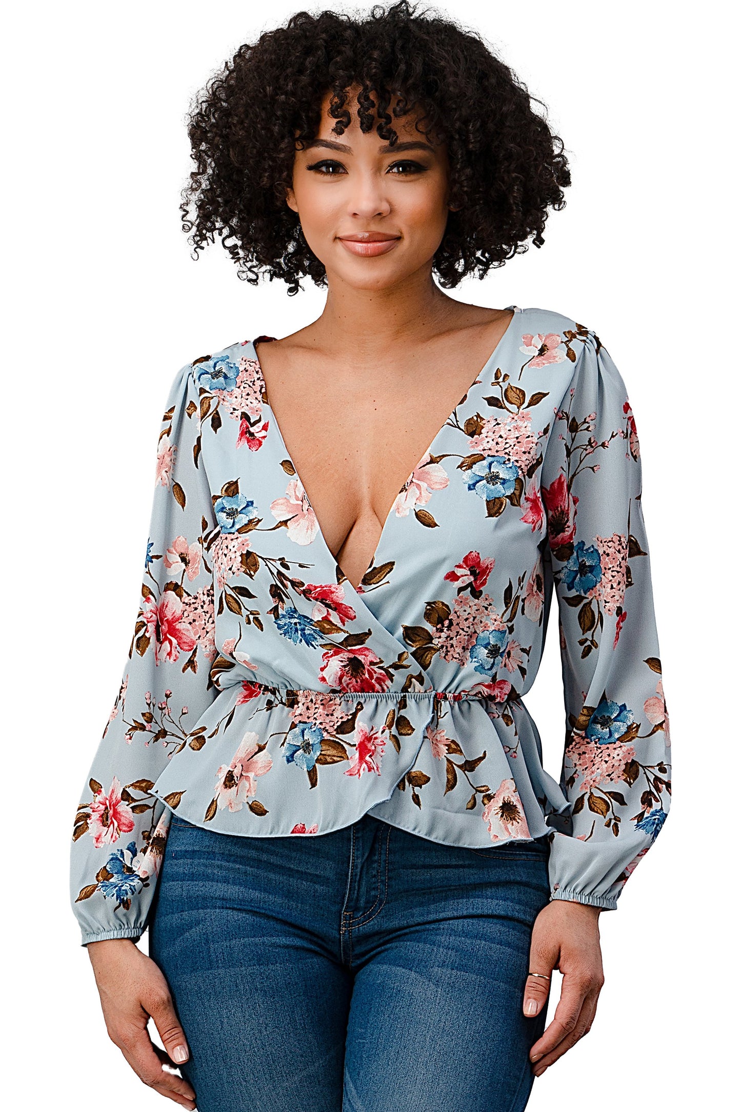 Printed Surplice Peplum Hem Blouse Top