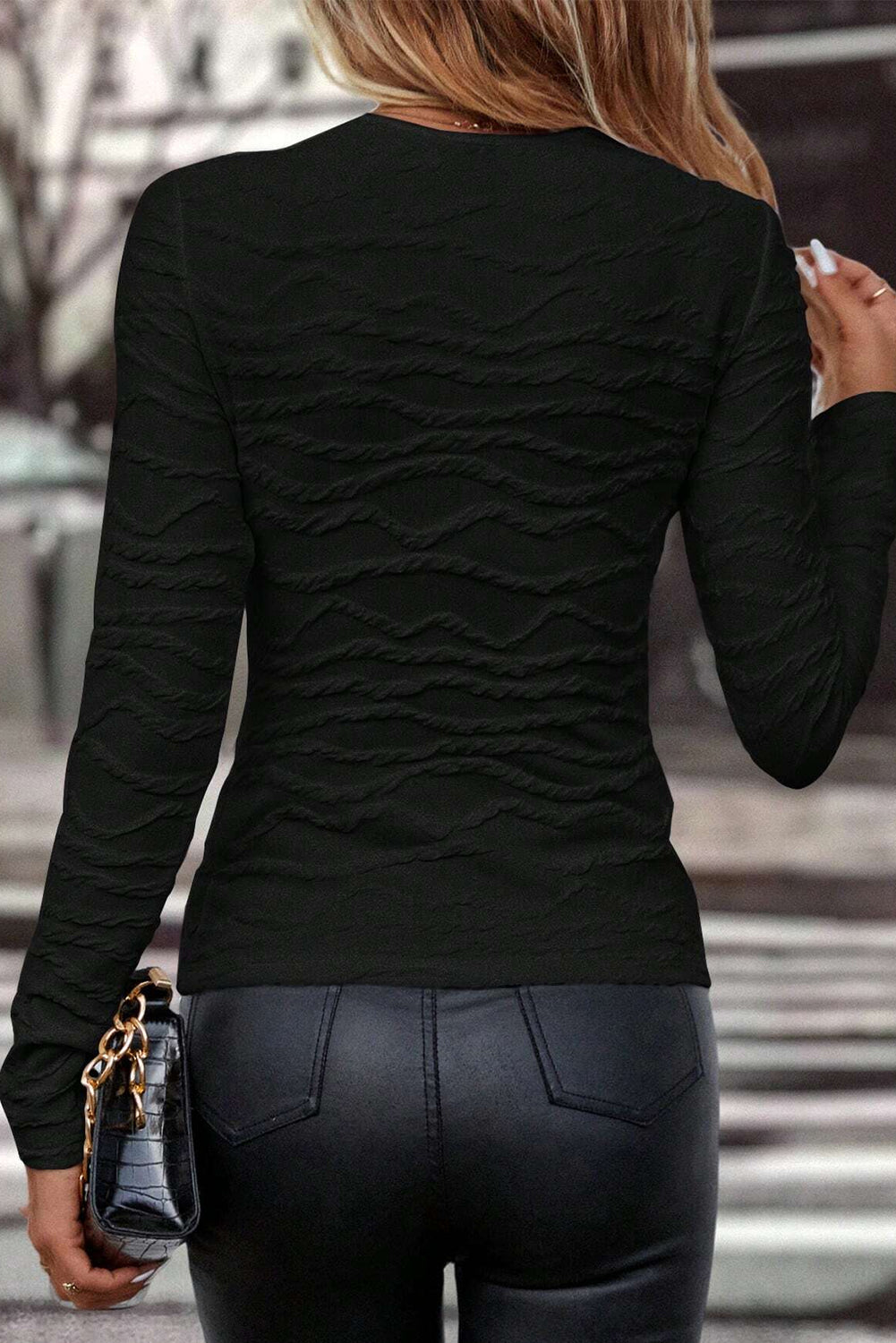 Sleek Black Wavy Textured Long Sleeve Slim Fit T-Shirt