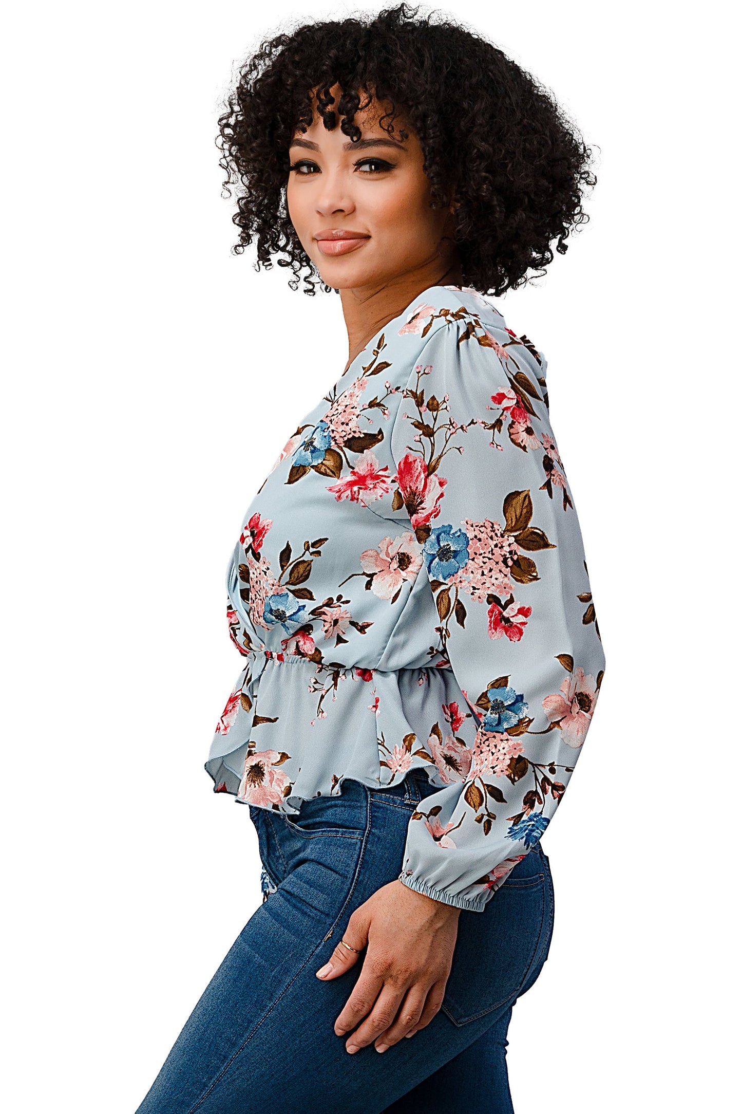 Printed Surplice Peplum Hem Blouse Top