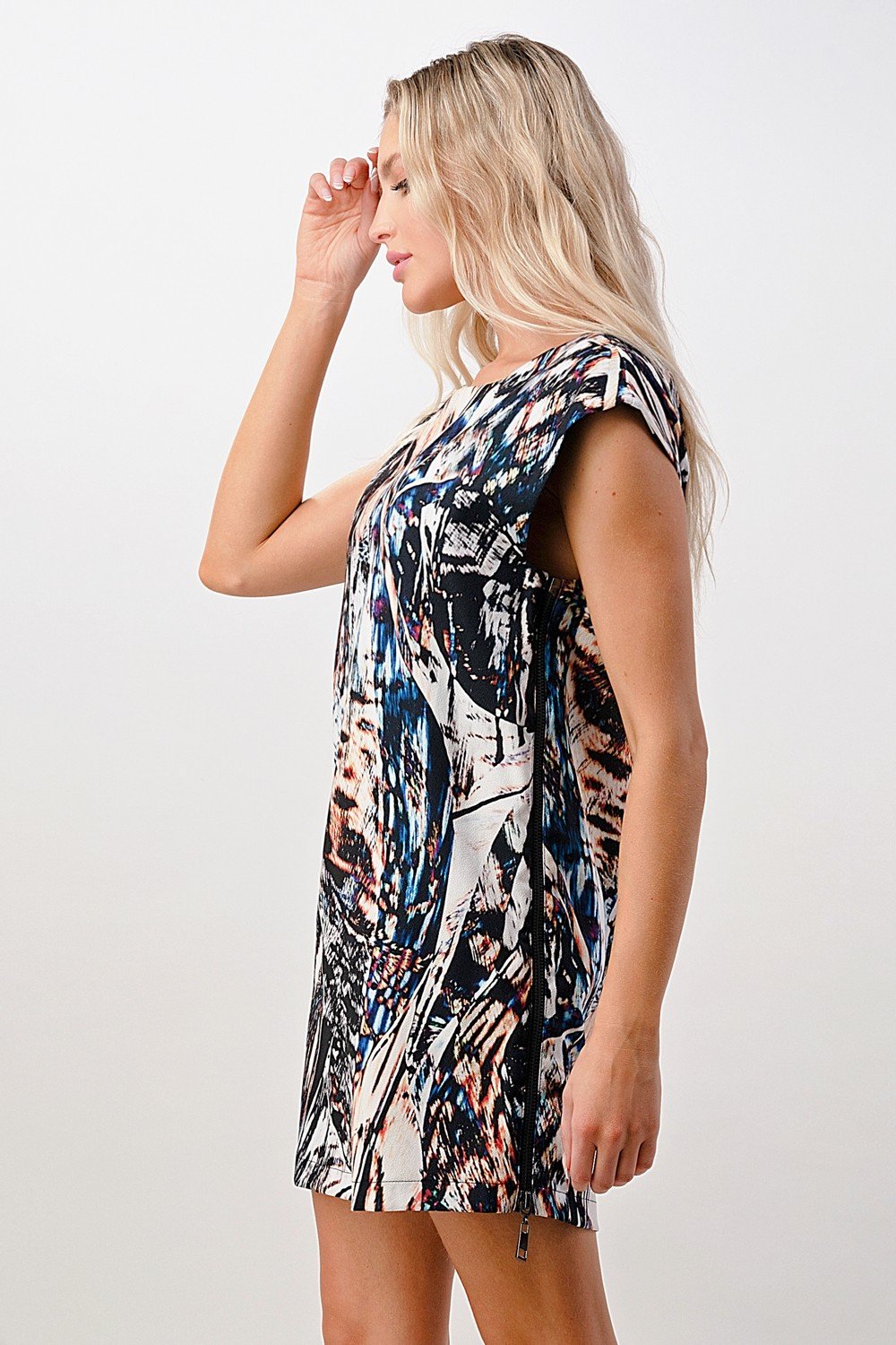 Side Zipper Multi Abstract Tunic Dress