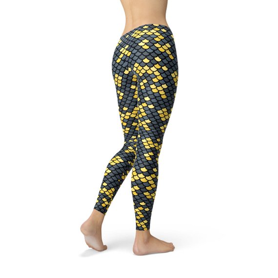 Mermaid Leggings with Dark Gray and Yellow Fish Scales Pattern Print