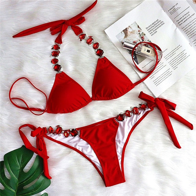 Diamond bikini Sexy push up halter swimsuit female crystal swimwear