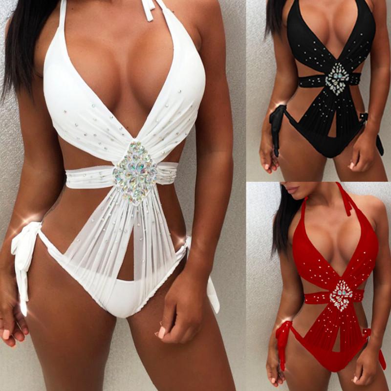 Women Sequin Rhinestone One Piece Summer Sexy Crystal Diamond Push-up