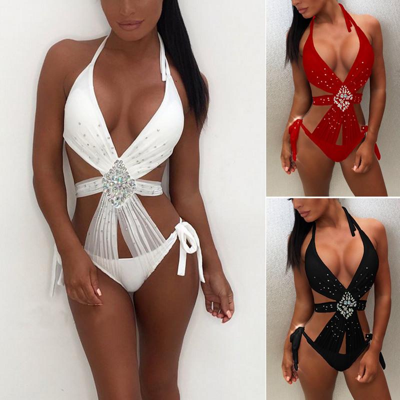 Women Sequin Rhinestone One Piece Summer Sexy Crystal Diamond Push-up